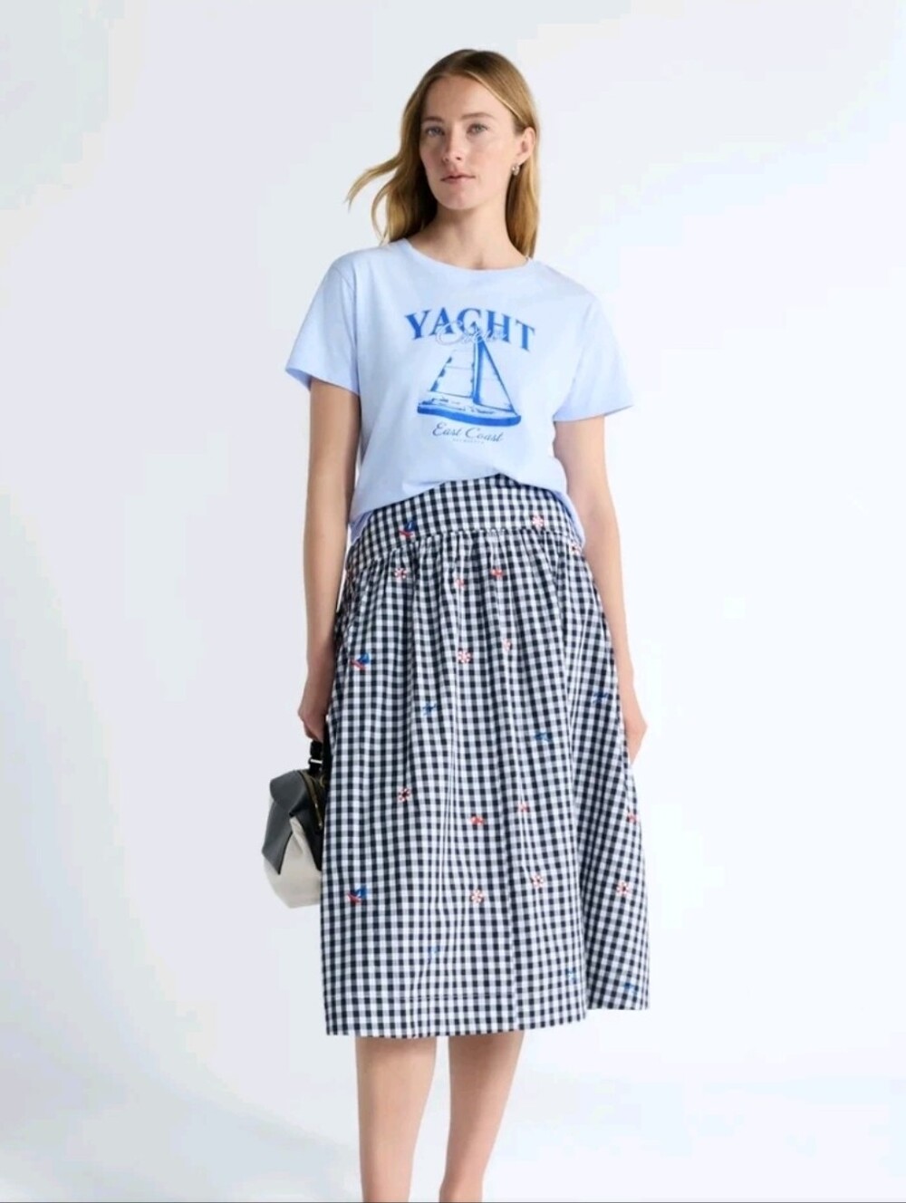 Gingham Midi Skirt in Navy and White with Floral Embroidery